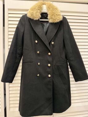 Top Shop Double-Breasted Coat with Faux Fur Collar